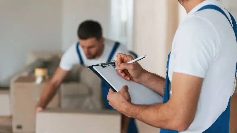 Ontruimer noteert de inboedel op een klembord terwijl een collega dozen verplaatst