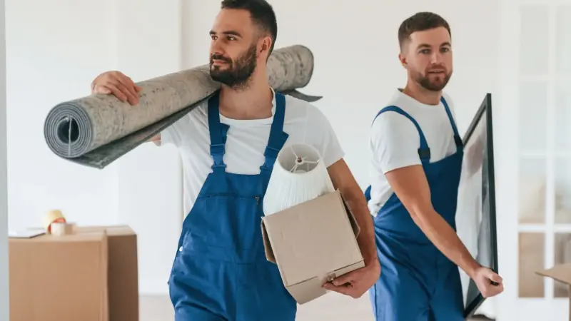 Twee ontruimers dragen een opgerold tapijt, een doos en een spiegel uit een woning